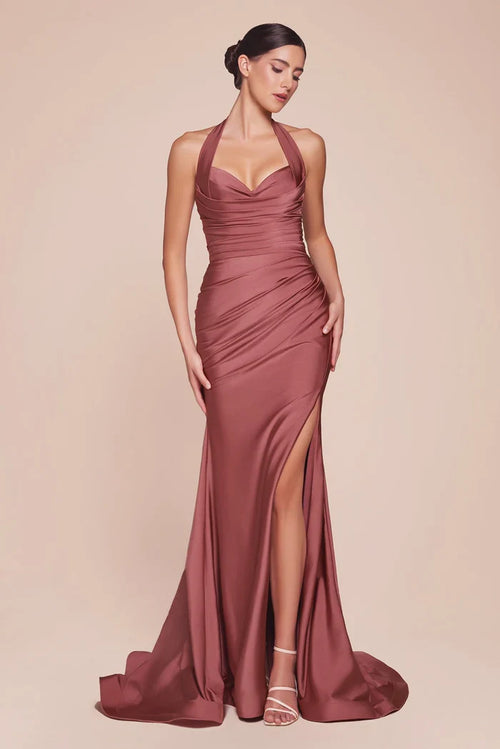 Ladivine Stretch Satin Halter Fitted Dress