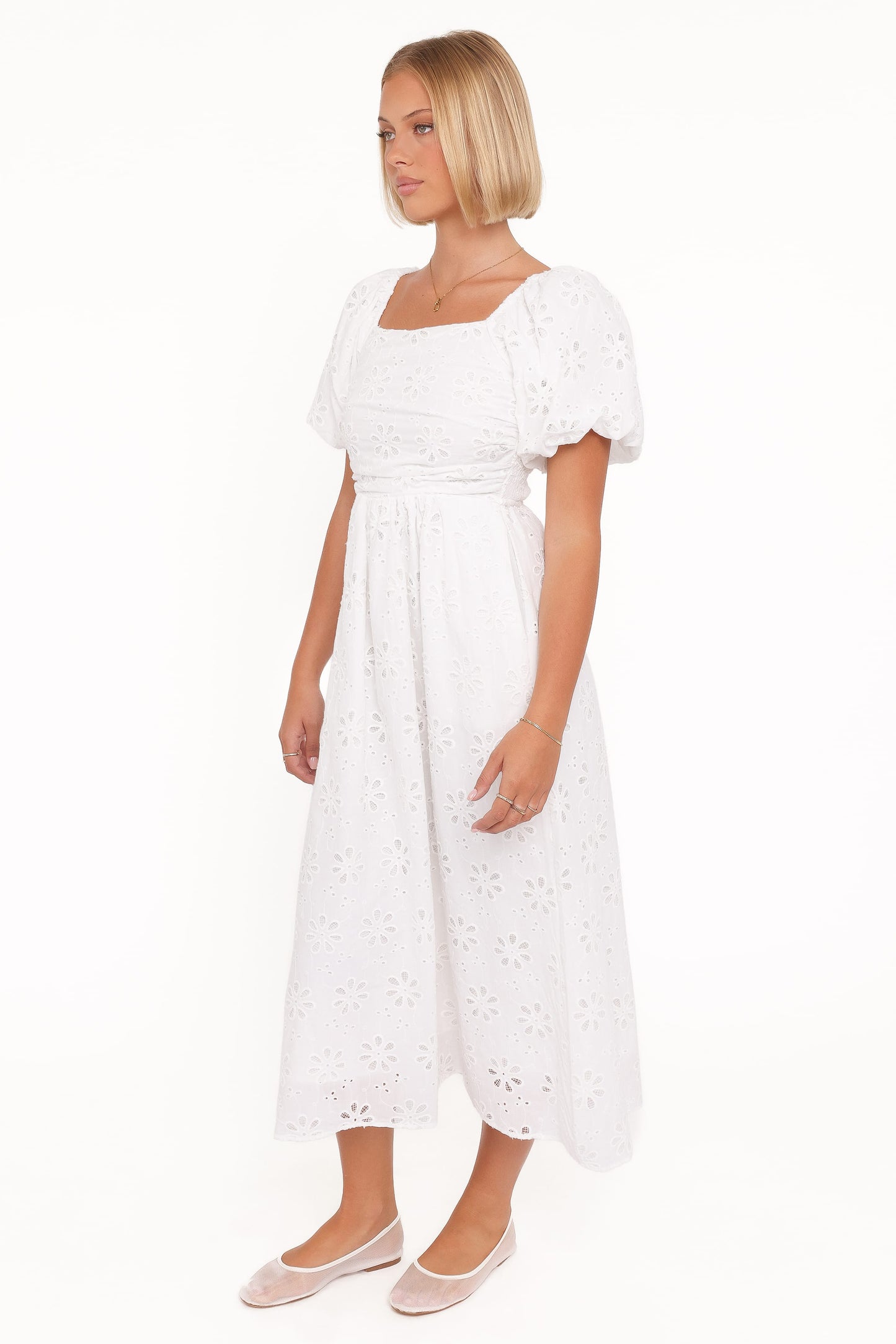 Clo Puff Sleeve Midi Dress - White Broderie