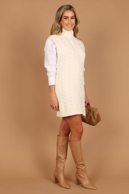 Cozette Turtle Neck Sleeveless Mini Knit Dress - Cream