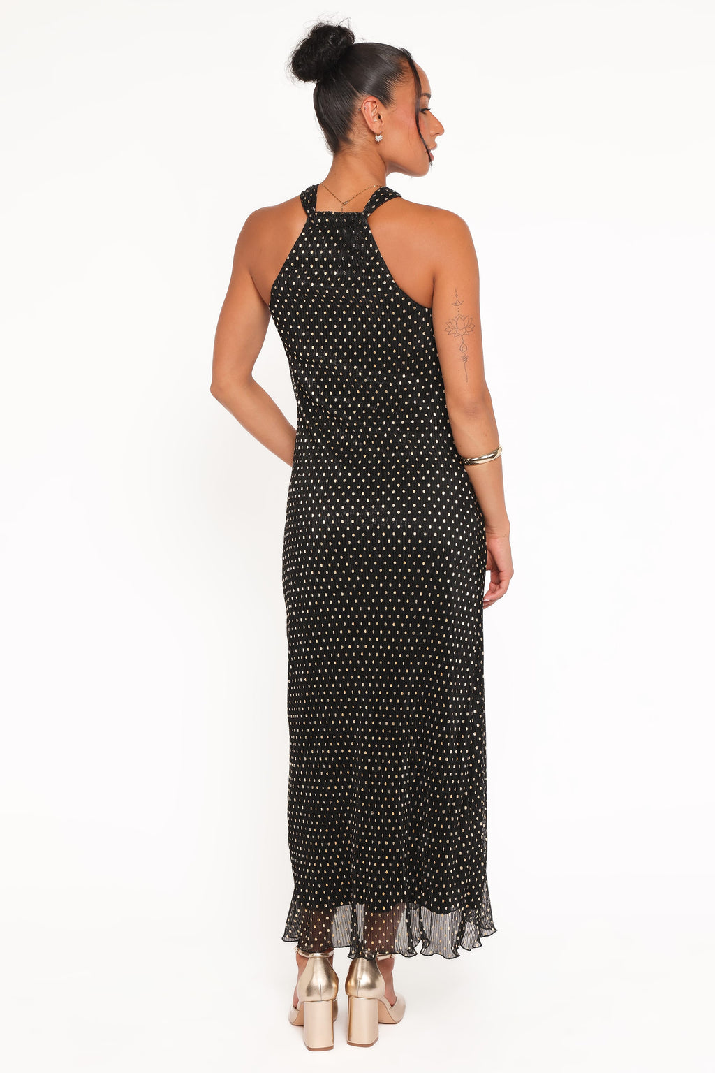 Melody Plisse Halter Maxi Dress - Black/Gold Polka Dot